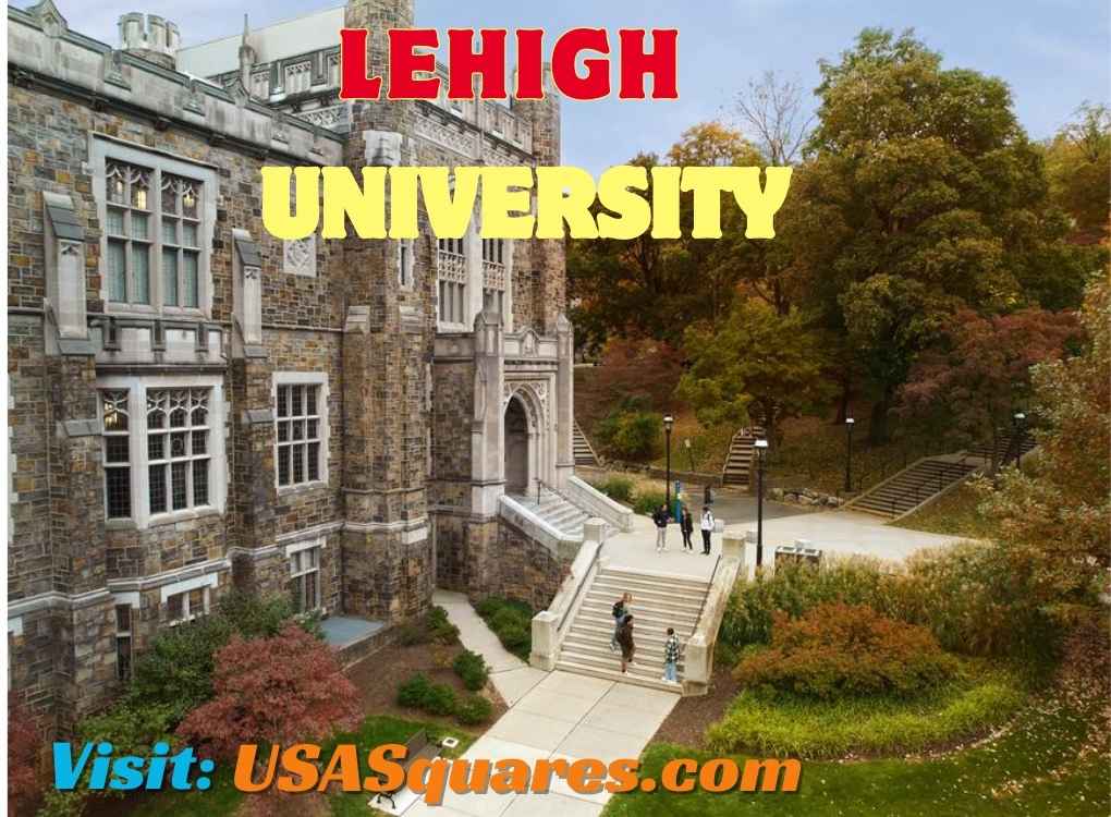 Lehigh University campus building in fall with students walking and autumn foliage