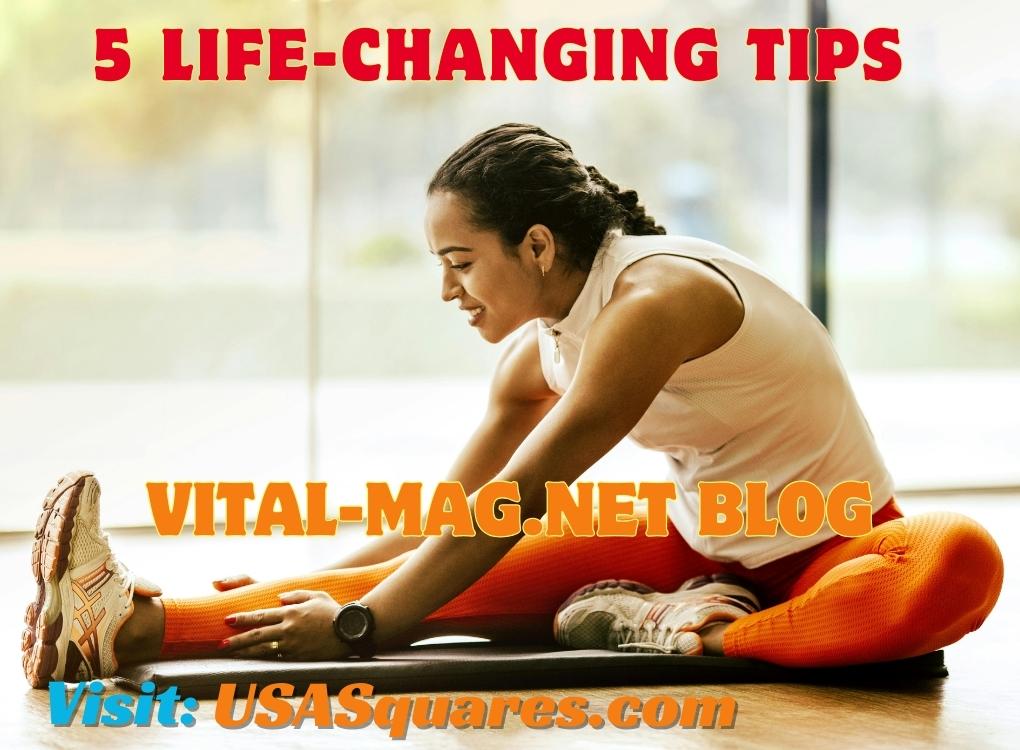 Woman stretching with a smile in orange leggings - 5 life-changing tips from the://vital-mag.net blog