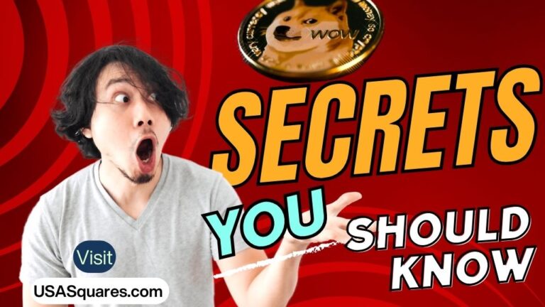 Surprised man with Dogecoin graphic and bold text reading 'Secrets You Should Know' on a red background.