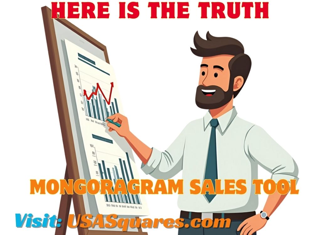 Cartoon businessman explaining sales growth chart, representing the Mongoragram Sales Tool's effectiveness.