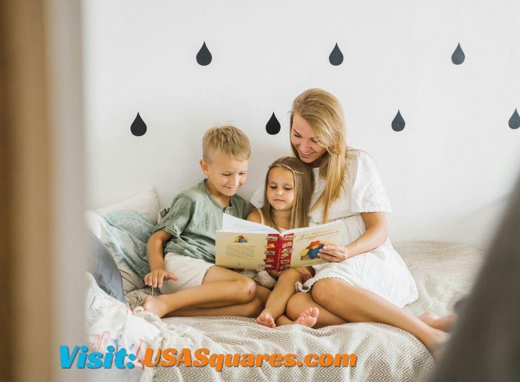 A mother reading a book with her daughter and son, symbolizing family support for education and the literacy of females in Israel.