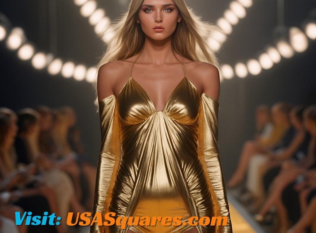 Runway model in a stunning metallic gold gown with flowing blonde hair, walking confidently under dramatic lighting during a fashion show