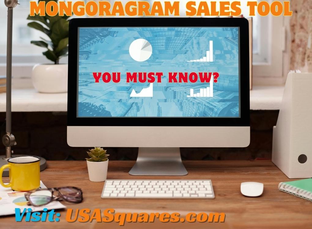 Desktop setup with a computer screen displaying graphs and the Mongoragram Sales Tool slogan, highlighting its importance for sales strategies.