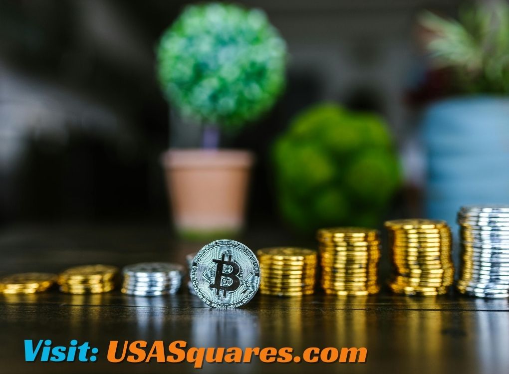 Bitcoin coin with stacks of gold and silver coins in the background, promoting USASquares.com